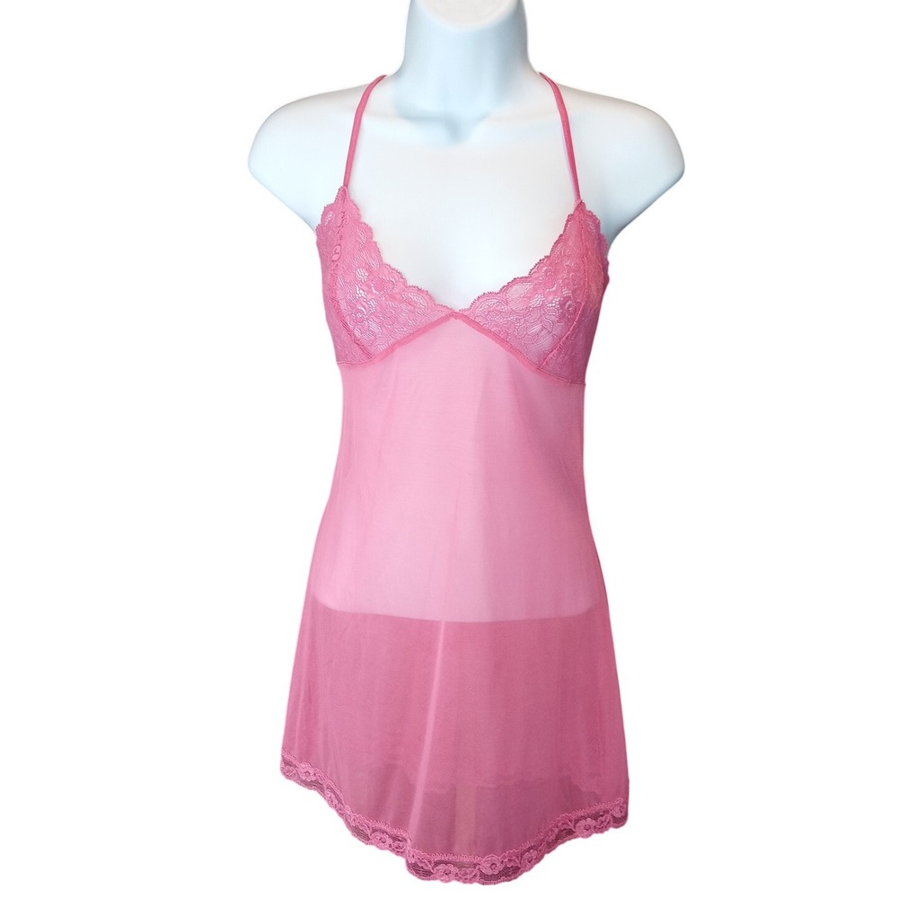 Victoria's Secret Pink Lace Trim Sheer Babydoll Chemise Lingerie Size M
